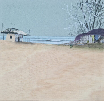 Eduardo Query, Días grises, 2022, 21,5x22 cm, colagem, aguarela, acrílico e grafite sobre madeira BD