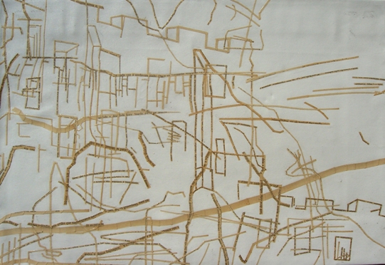 Dora Moura, Mapa Mnésico II, 38,5x55cm, 2005, Acrílico e colagem sobre tela