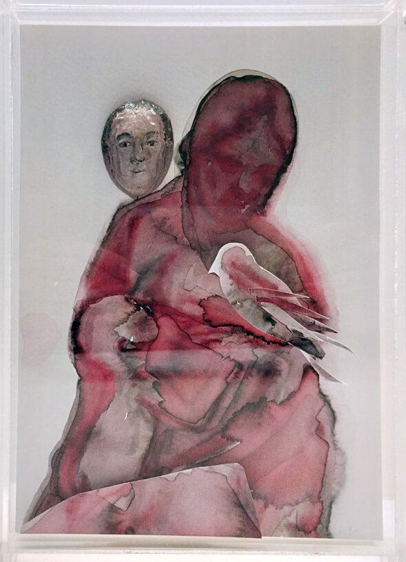 Filipe Rodrigues, Esperando por Godot, ou a Maternidade, sem data, aguarela e acrílico sobre papel, noz pintada em caixa de acrílico, 21x27x3,5 cm BD
