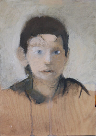 Ricardo Marcelino, Auto Retrato aos 10, 2023, óleo e carvão sobre madeira, 30,3x21,6 cm BD