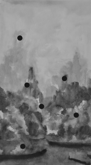 Diogo Costa, Sem título, 2020, tinta da china e autocolantes sobre papel, 62,5x35 cm BD