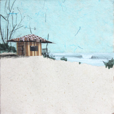 Eduardo Query, En las arenas blancas, 2025, colagem, aguarela e grafiite sobre papel, 21,5x21,5 cm BD