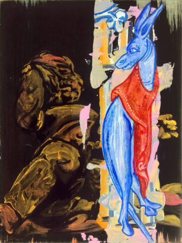 Kristina Girke, BESTA AZUL, MANTO VERMELHO (Blue Beast, Red Cloak) 40 x 30 cm, Técnica mista sobre algodão, 2017