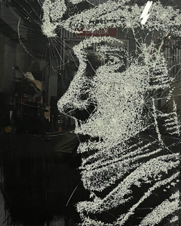 Frederico Ferreira aka FRED, Bratstvo#4, 2025, acrílico e vidro estilhaçado, 100x80 cm BD