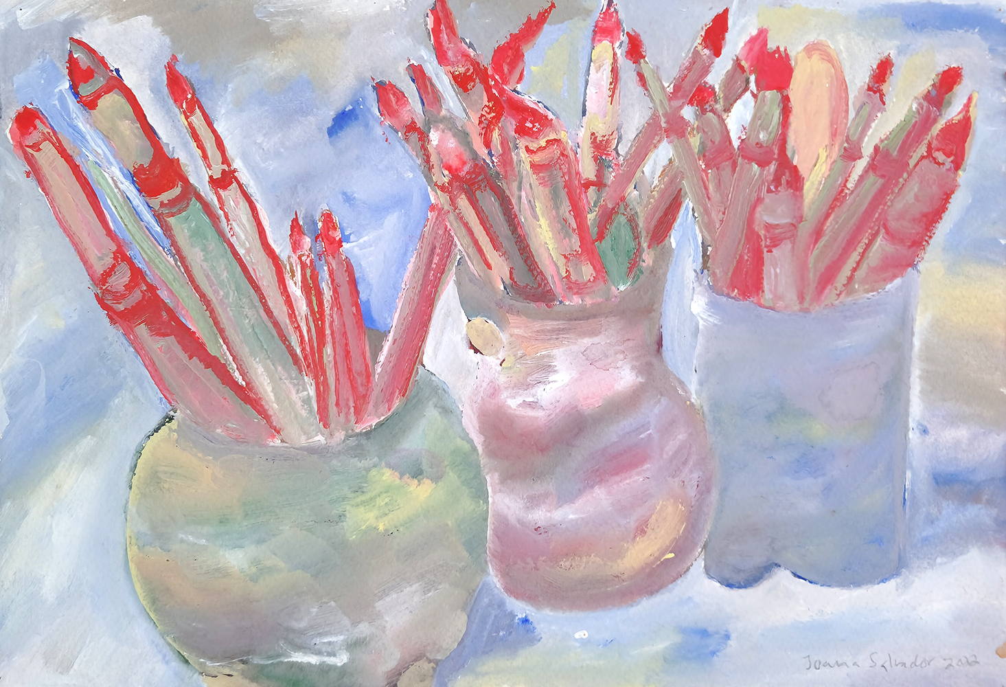 Joana Leitão Salvador, Jarros com pincéis, 2022, guache sobre papel, 35x50,5 cm BD