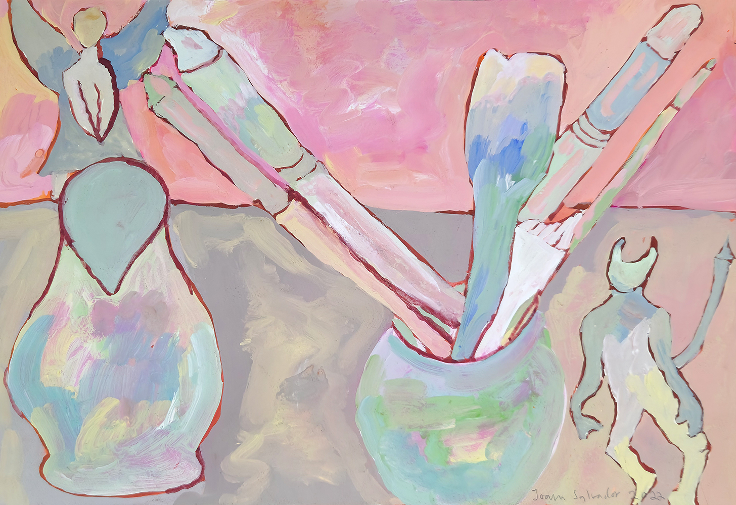 Joana Leitão Salvador, Jarros com pincéis, 2022, guache sobre papel, 38,5x56 cm BD