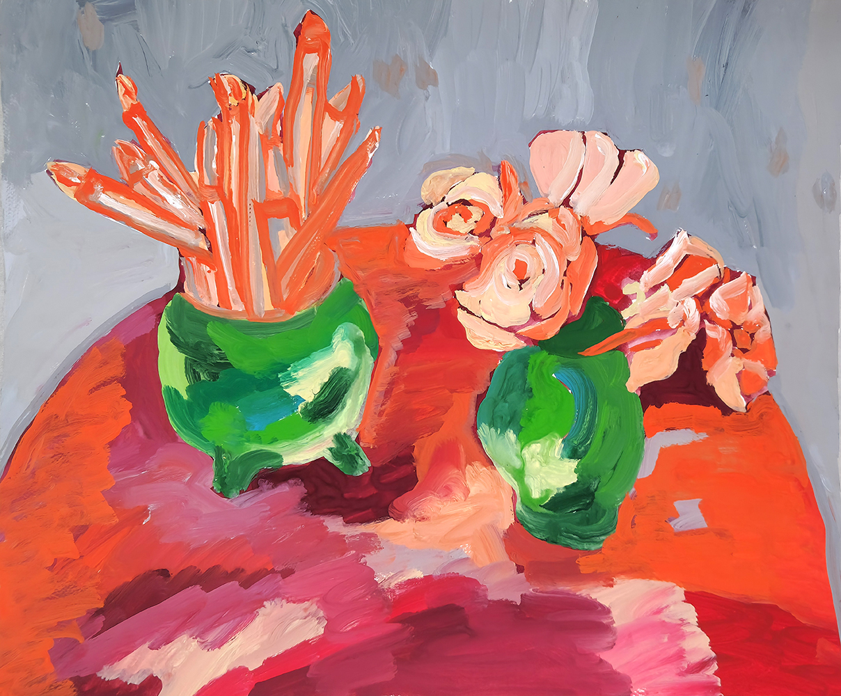 Joana Leitão Salvador, Jarros com pincéis, 2026 nd, guache sobre papel, 50x59,5 cm BD