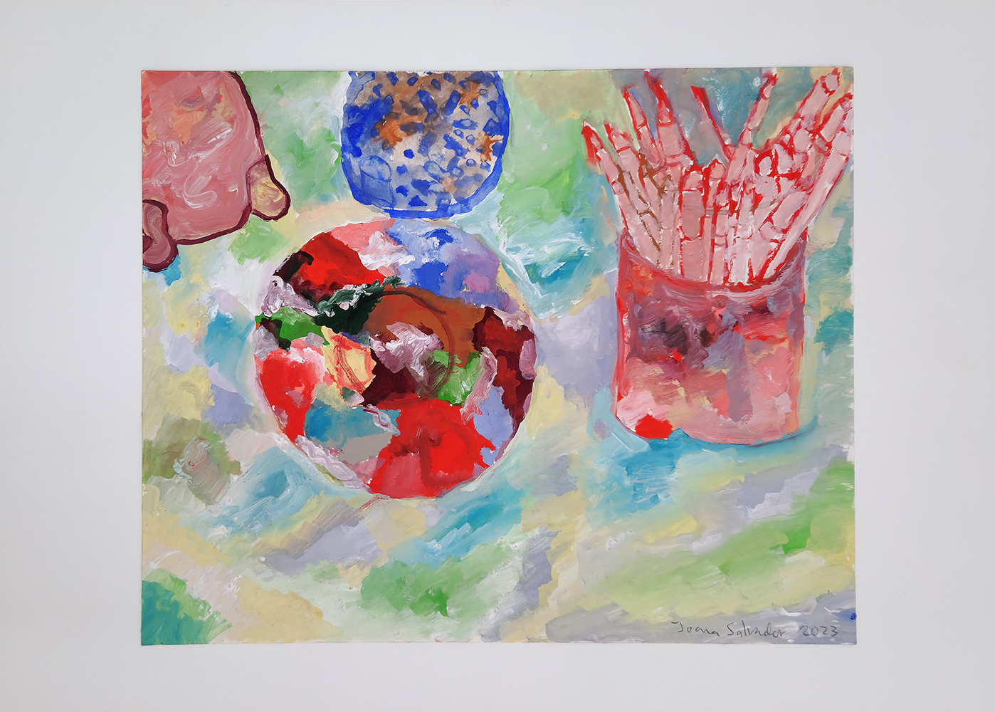 Joana Leitão Salvador, Jarros com pincéis e paleta, 2023, guache sobre papel, 40x50 cm BD