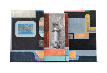 André Silva, Estado de pânico 5, 2022-26, técnica mista sobre tela em prateleira de aço inox, dimen variaveis BD